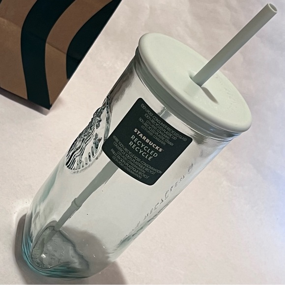 Starbucks Recycled Triangle Glass Cold Cup Tumbler with Straw Green 16oz - Picture 5 of 15